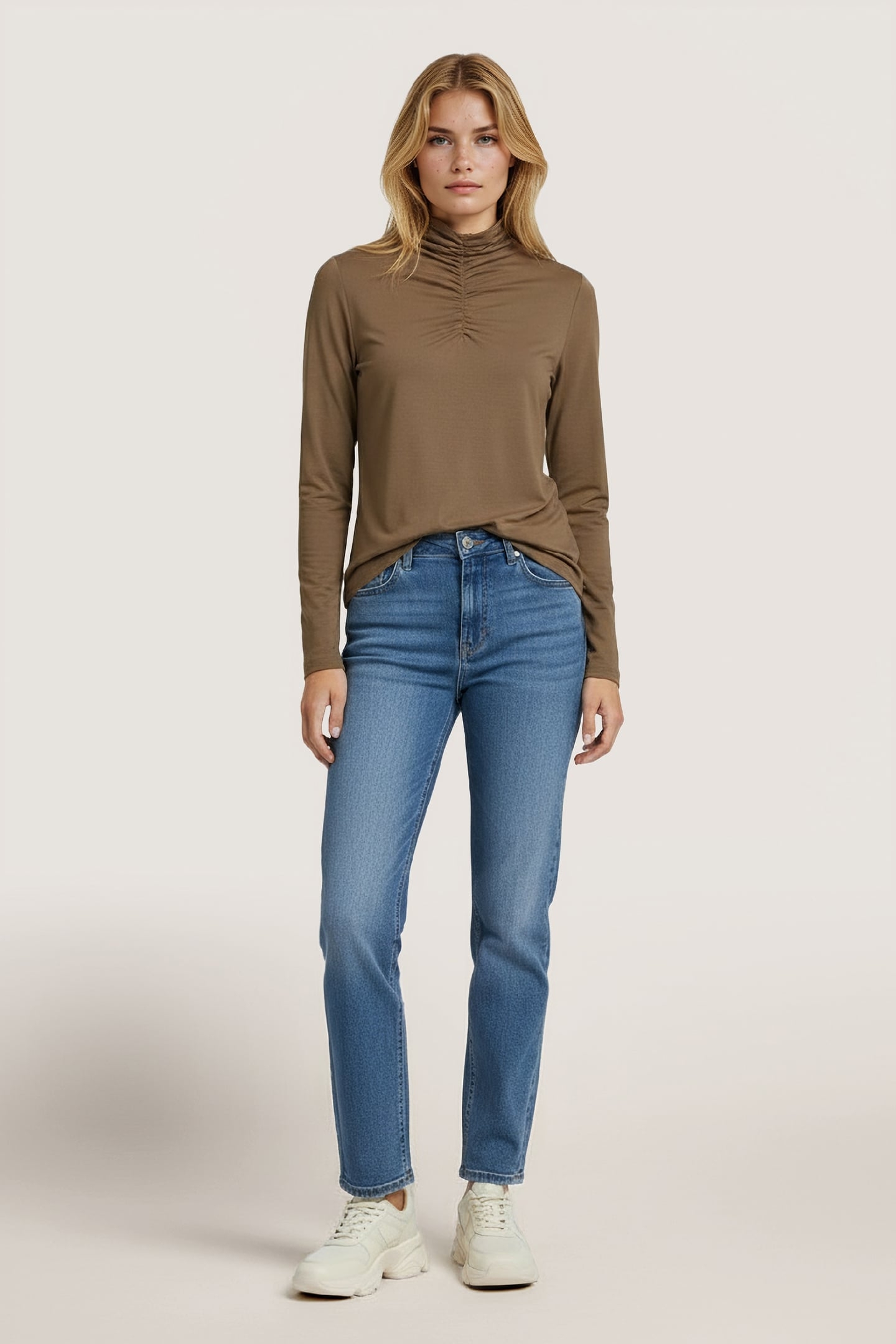 TOP SMOCKED NECKLINE SOLID SJ ARMY GREEN 1