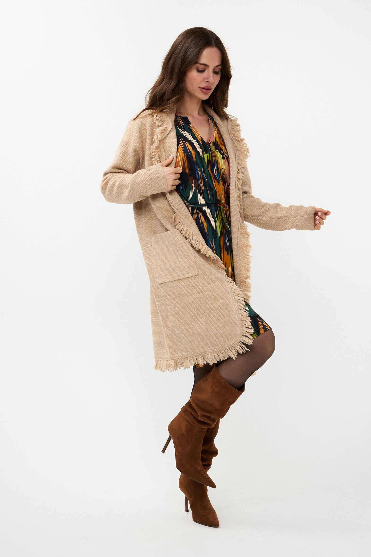 CARDIGAN LONG FRINGES SAND 2