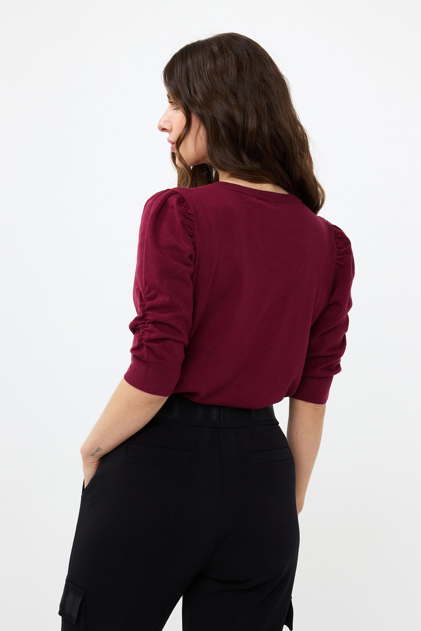 SWEATER SHORT PUFF SLVE BASIC KNIT WINE RED 3