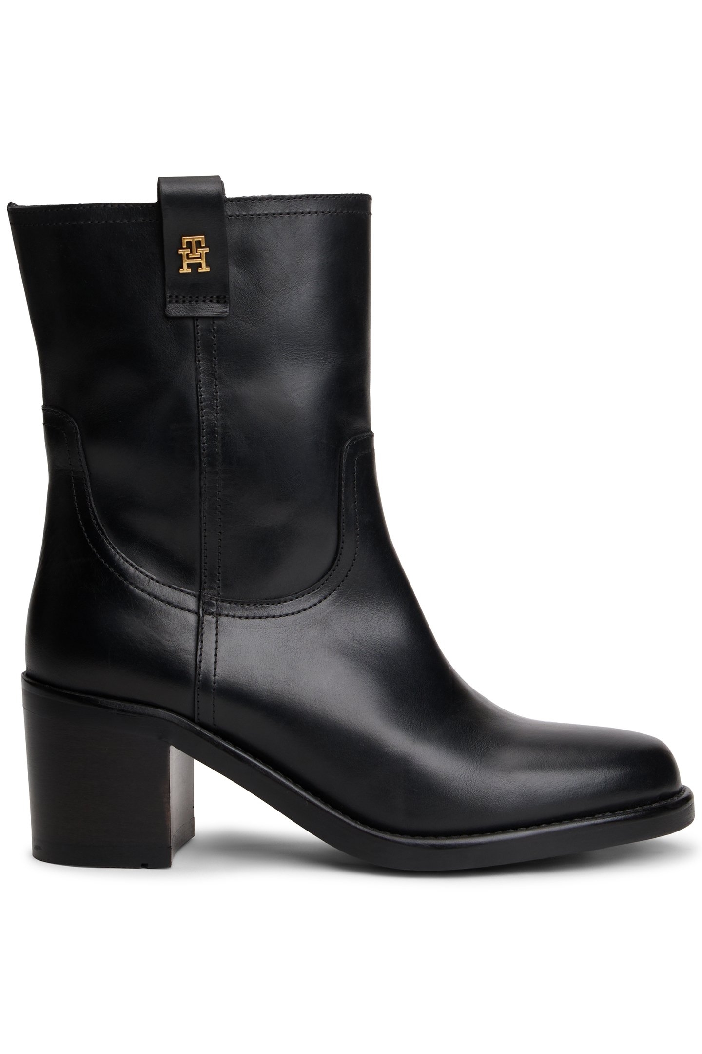 LEATHER BLOCK HEEL RIDING BOOTS BLACK 1