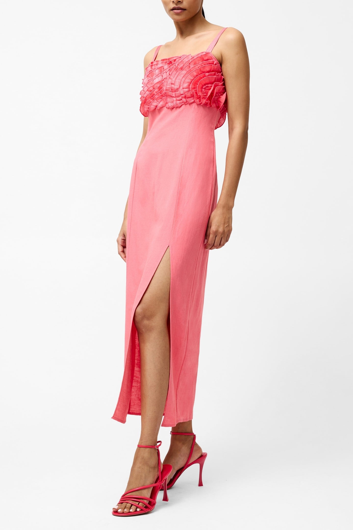 ARIETTE RUFFLED BUST MIDI DRES RASPBERRY PINK 2