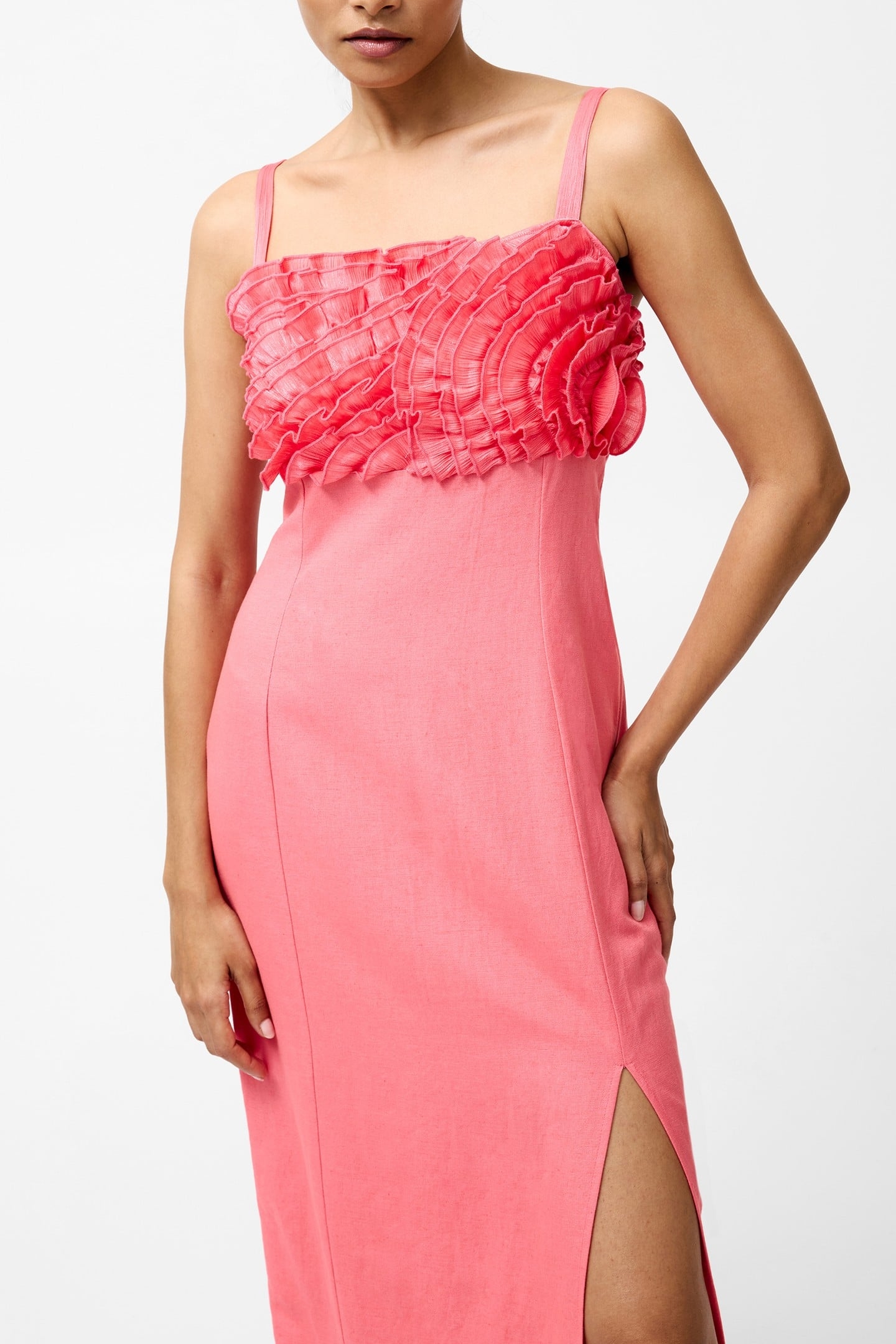 ARIETTE RUFFLED BUST MIDI DRES RASPBERRY PINK 3