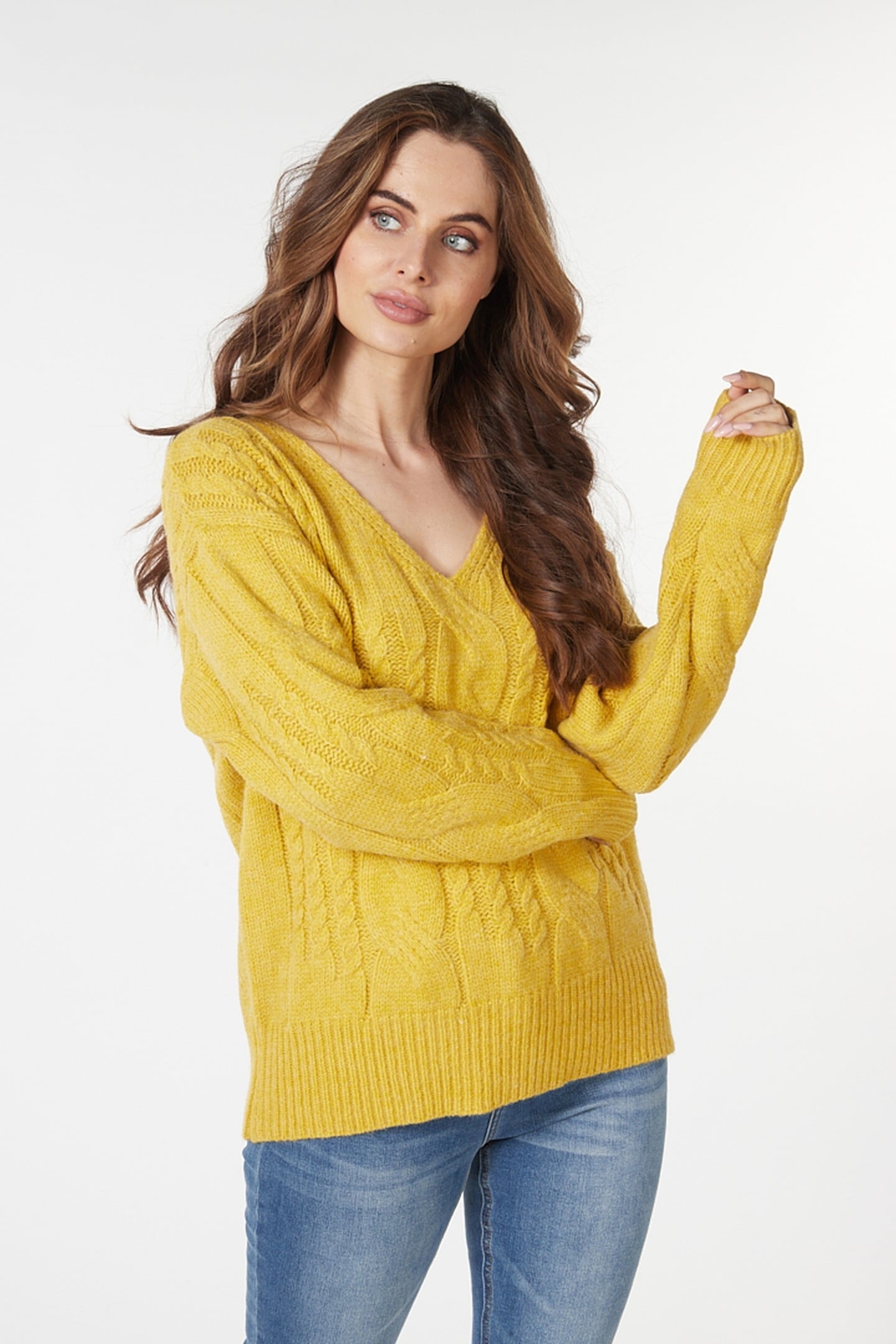 SWEATER CABLES V-NECK WARM OLIVE 1