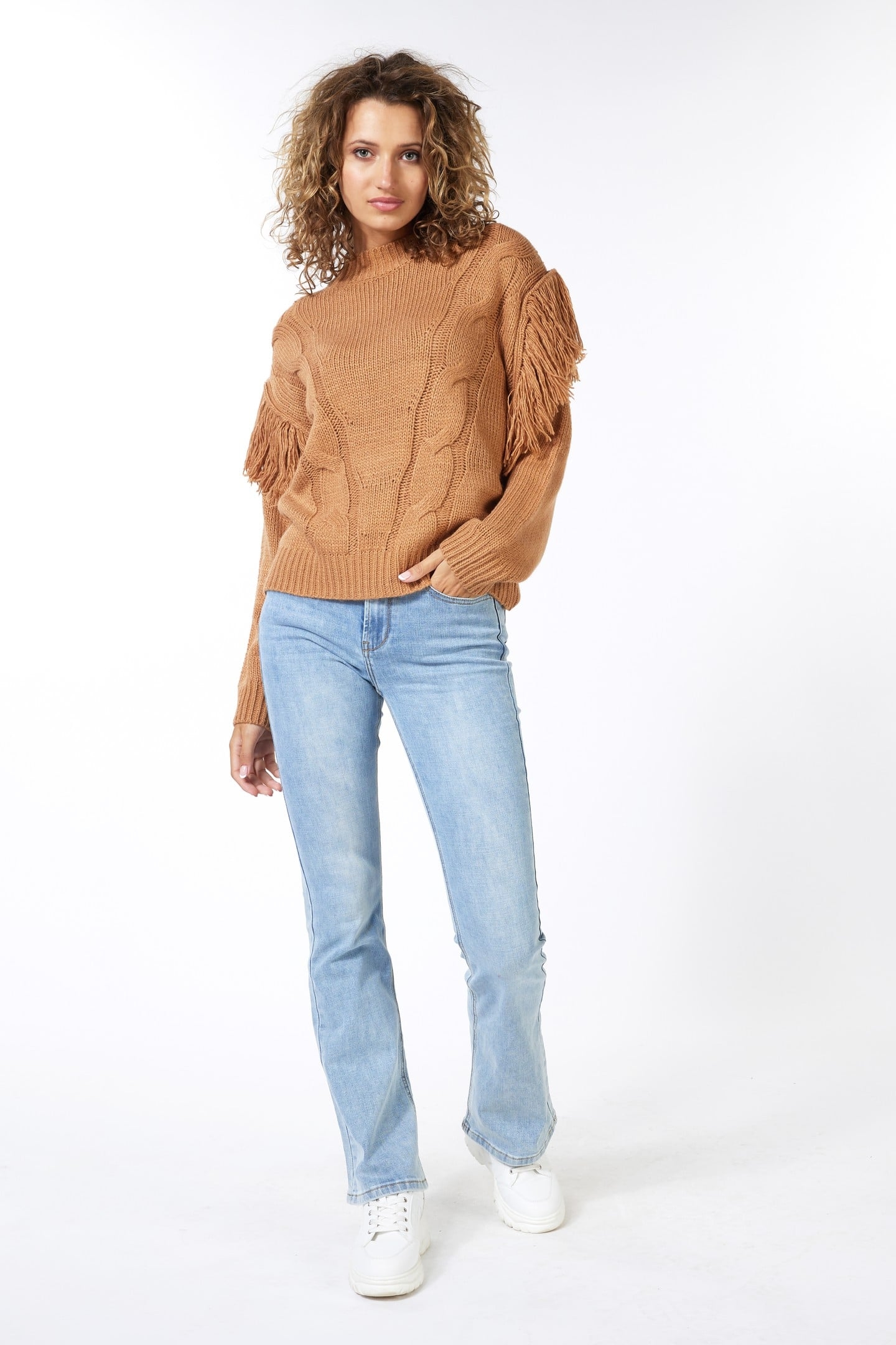 SWEATER CABLE & FRINGES CAMEL 1