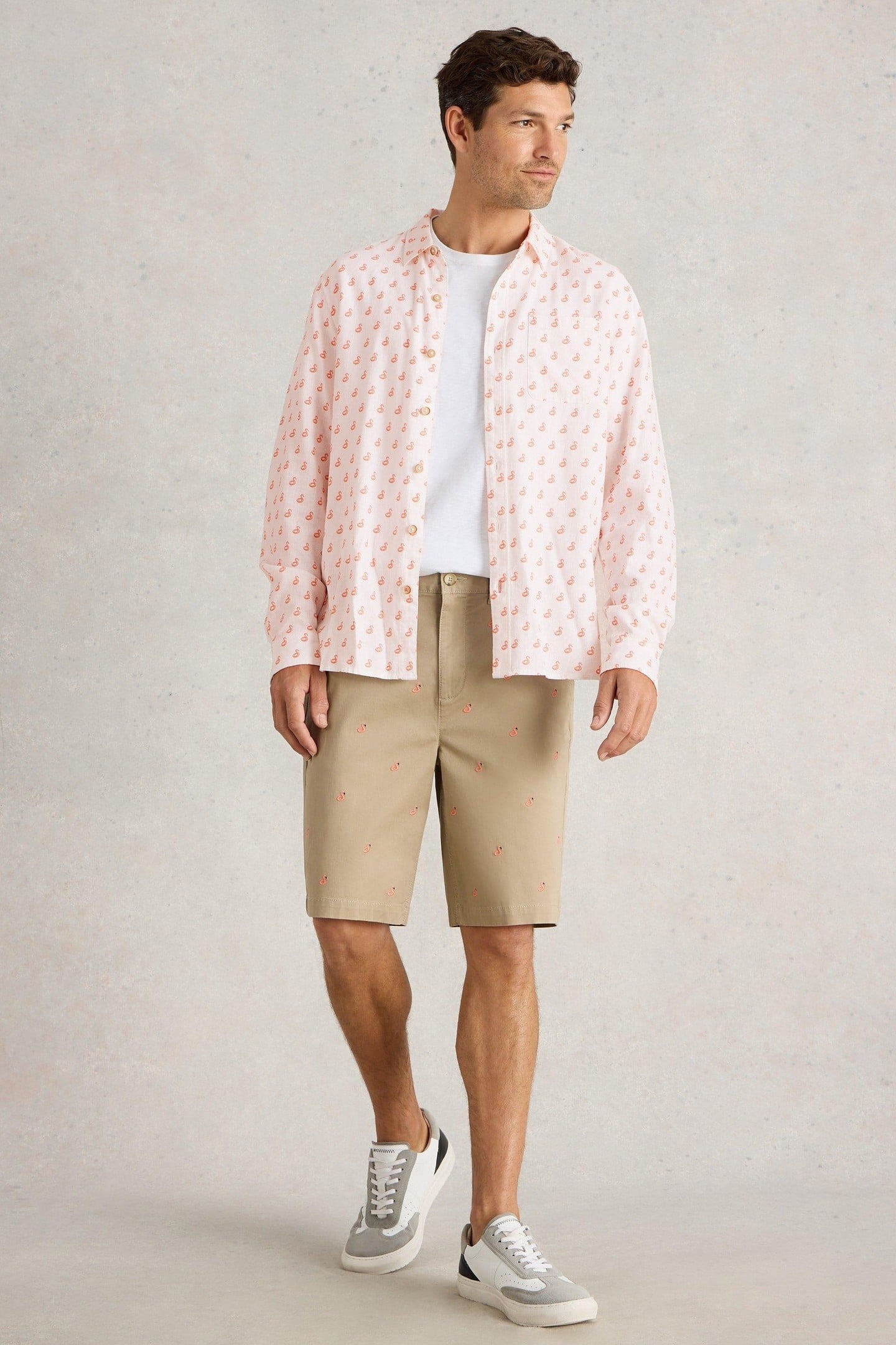 FLAMINGO PRINT LINEN SHIRT WHITE PRINT 1