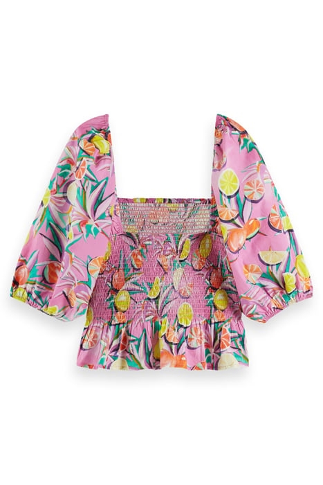 COTTON IN CONVERSION SMOCKED PUFF SLEEVE TOP CITRUS SQUASH O 2