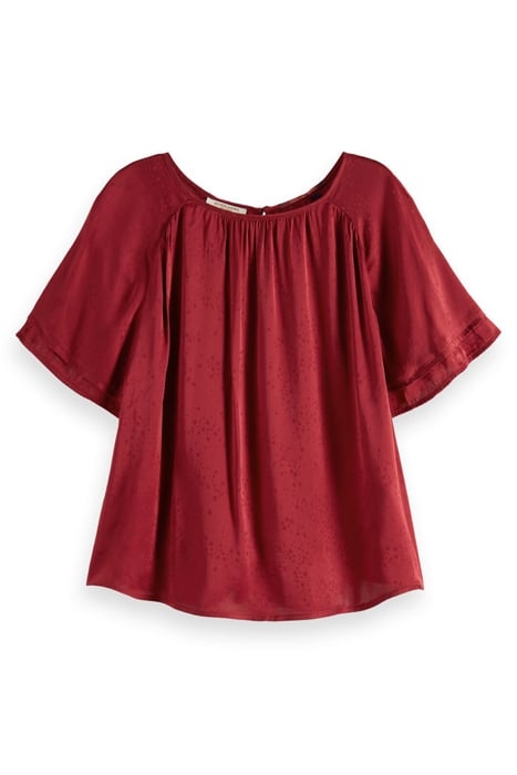 FLUTTER SLEEVE WOVEN TOP DEEP RASPBERRY 1