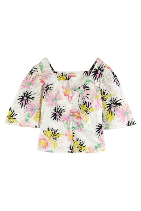 RUCHED FRONT FLUTTER SLEEVE TOP ASTER WHITE 1