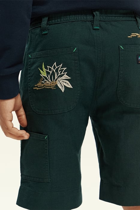 EMBROIDERED ARTWORK COTTON LINEN WORKER SHORTS FOREST 7
