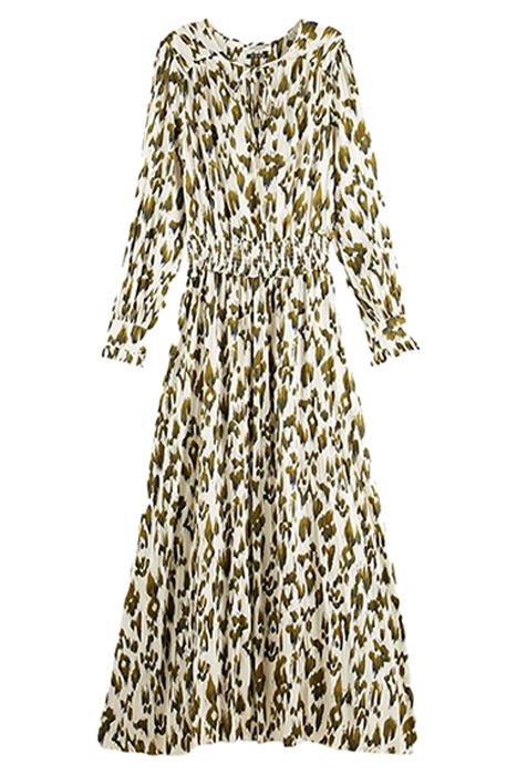 LONG PLEATED DRESS BRUSHED IKAT ARMY GREEN 1