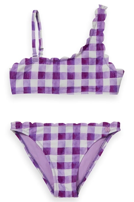 PRINTED CHECK SCALLOP EDGE ONE-SHOULDER BIKINI MULBERRY BIST 1