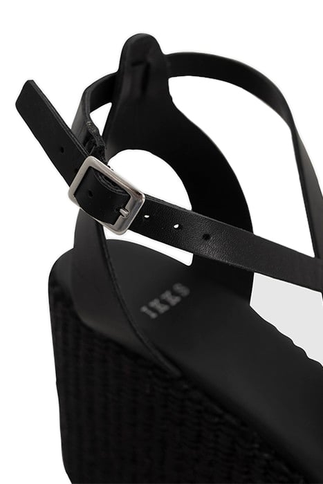 BLACK LEATHER RAFFIA HEEL WEDGE SANDALS 7