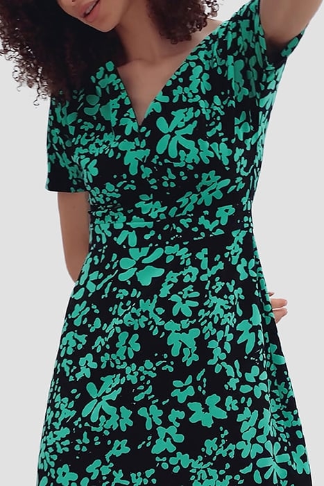 FLOREY CREPE SHORT SLV DRESS BLACK/PALM GREEN 2