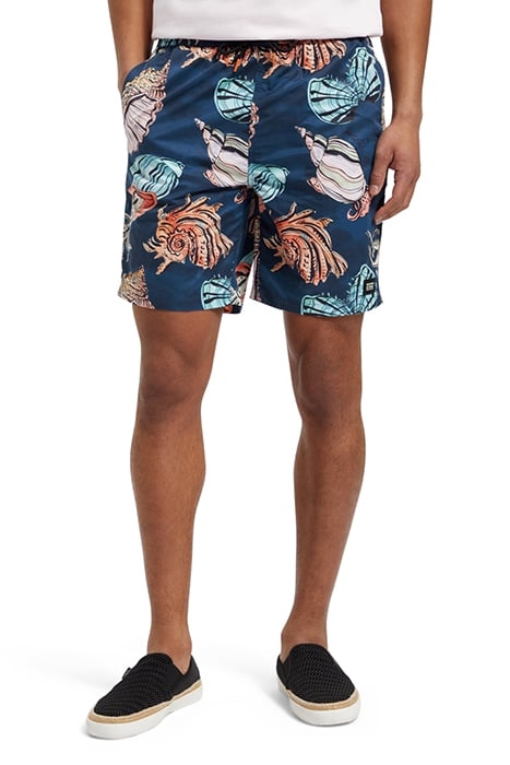 LONG LENGTH SWIM SHORT WITH ALL OVER PRINT SEASHELLS BLACK A 1