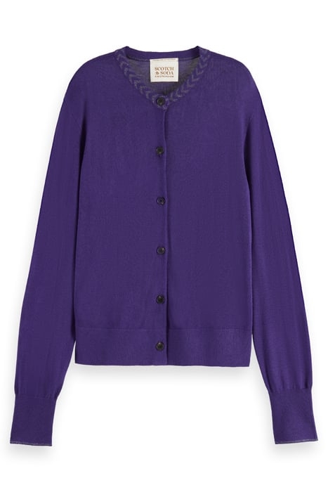 JACQUARD TRIM CREW NECK CARDIGAN AUBERGINE 1