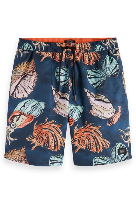 LONG LENGTH SWIM SHORT WITH ALL OVER PRINT SEASHELLS BLACK A 4