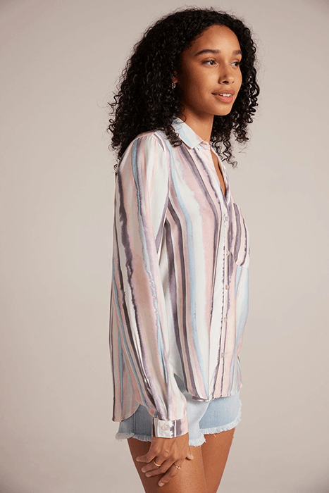 LONG SLEEVE ROUNDED HEM BUTTON DOWN COASTAL STRIPE PRINT 3