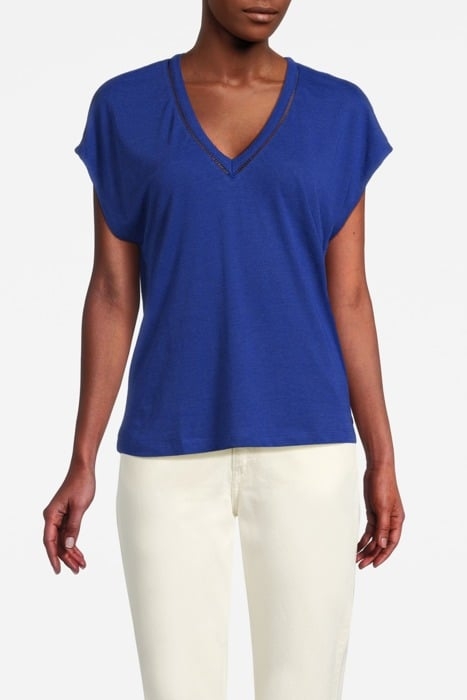 V-NECK LADDER DETAIL LOOSE FIT T-SHIRT ELECTRIC BLUE 1