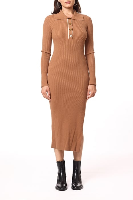 HENLEY MOCK NECK DRESS MEDIUM BROWN W/ IVORY CONTRAST 2