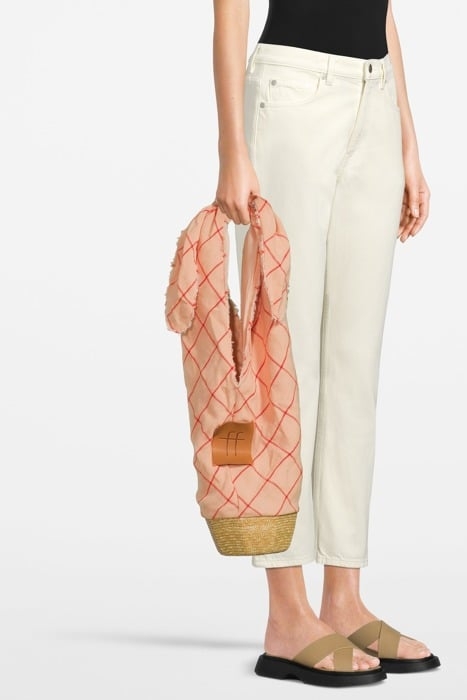 "HOLIDAY CHECK" LINEN AND STRAW BUCKET BAG RED 1