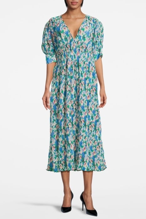 PLEATED GEORGETTE V-NECK SMOCK MIDI DRESS FLORAL AZURE BLUE 1