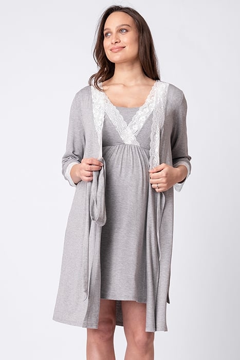 LACE TRIM MATERNITY DRESSING GOWN GRAY 1