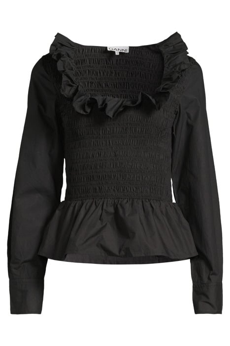 COTTON POPLIN OPEN-NECK SMOCK BLOUSE BLACK 3