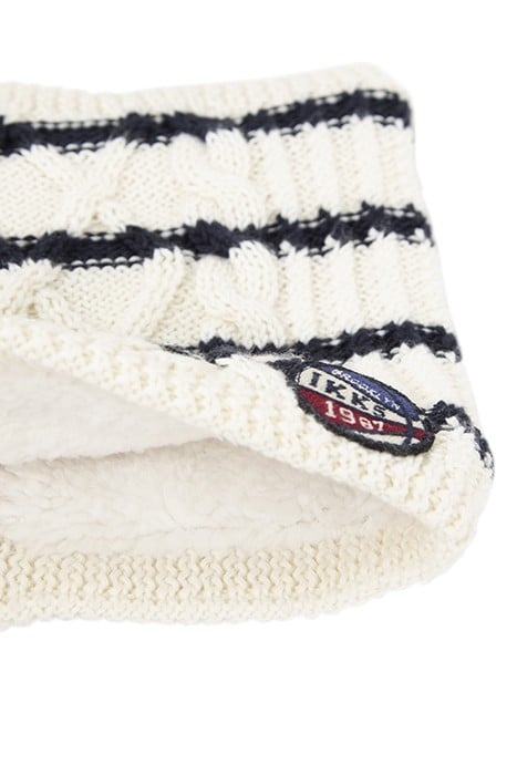 BABY BOYS’ ECRU STRIPED KNIT BEANIE & SNOOD, BALL BADGE OFF- 4