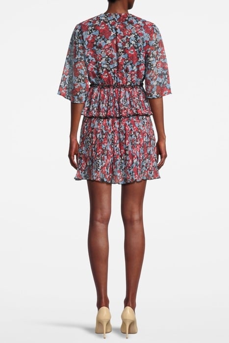 PLEATED GEORGETTE V-NECK FLOUNCE MINI DRESS HIGH RISK RED 2