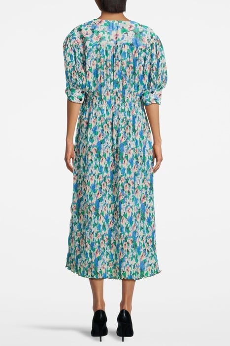 PLEATED GEORGETTE V-NECK SMOCK MIDI DRESS FLORAL AZURE BLUE 2