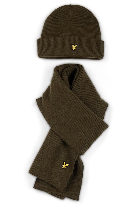 CHUNKY BEANIE HAT SCARF SET OLIVE 1