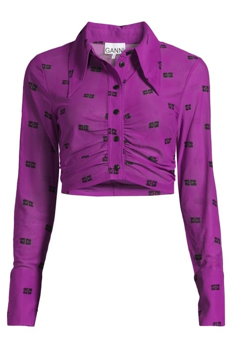 PRINTED MESH CROPPED RUCHED SHIRT SPARKLING GRAPE 3