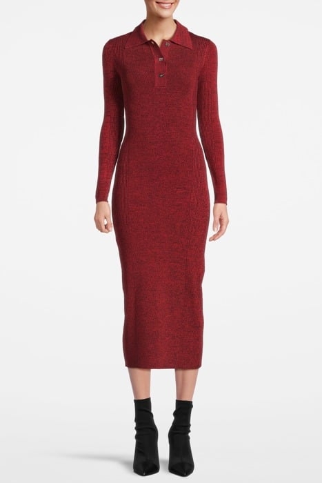 MELANGE RIB LONG SLEEVE POLO DRESS HIGH RISK RED 1