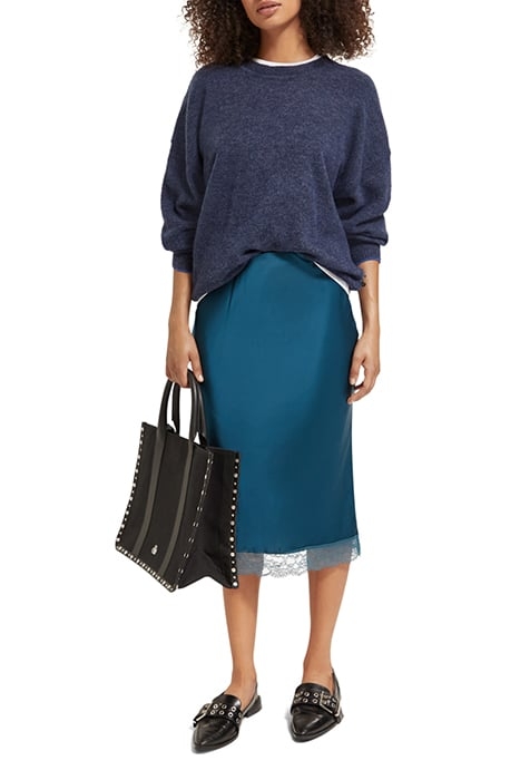 SATIN HIGH RISE MIDI SKIRT WITH LACE DETAIL DARK TEAL 3