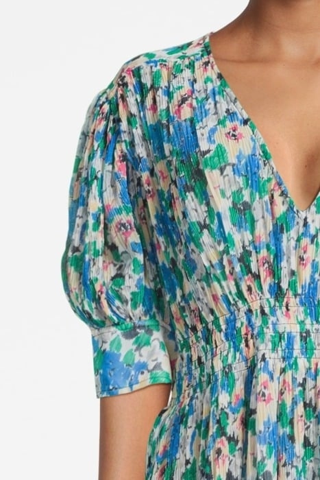 PLEATED GEORGETTE V-NECK SMOCK MIDI DRESS FLORAL AZURE BLUE 4