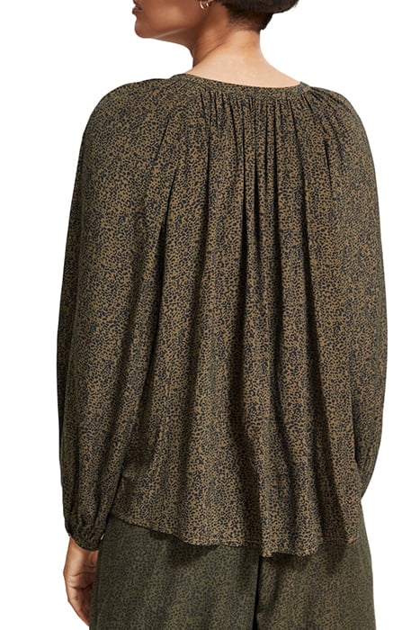 PRINTED BALLOON SLEEVE EMBROIDERED TOP LEOPARD SPOT GREEN 2