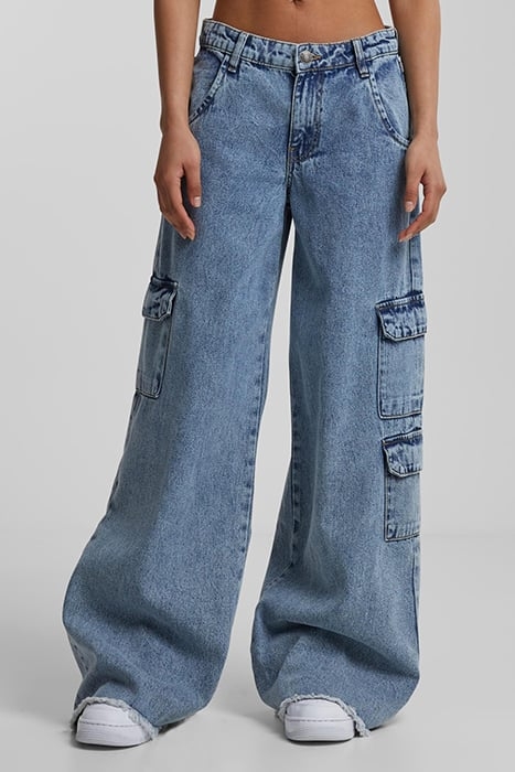 LADIES MID WAIST CARGO DENIM PANTS VINTAGE LIGHTBLUE WASHED 1