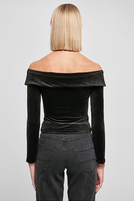 LADIES VELVET RIB CROSSED OFF SHOULDER LONGSLEEVE BLACK 2