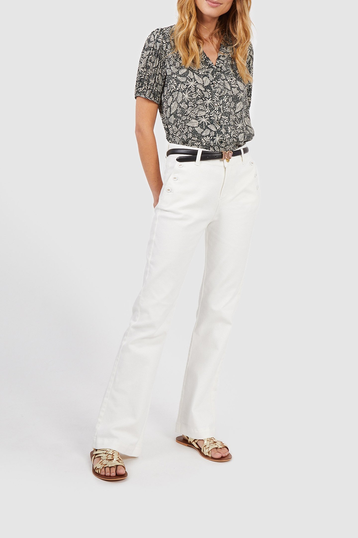 GREEN PLEATED SLEEVE TOP WITH BOTANICAL BEACH PRINT 3