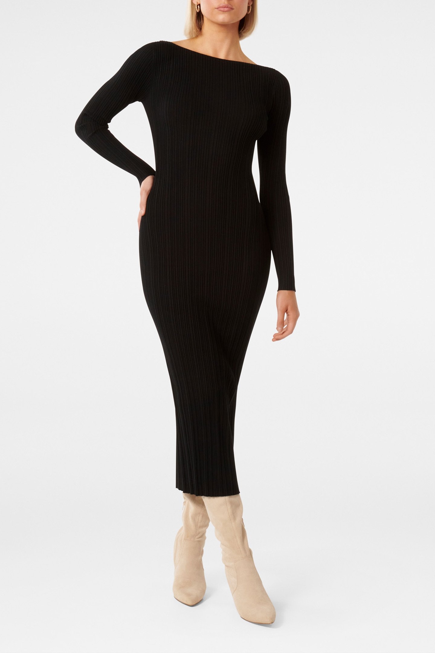 EVIE LONG SLEEVES RIB KNITTED DRESS BLACK 1