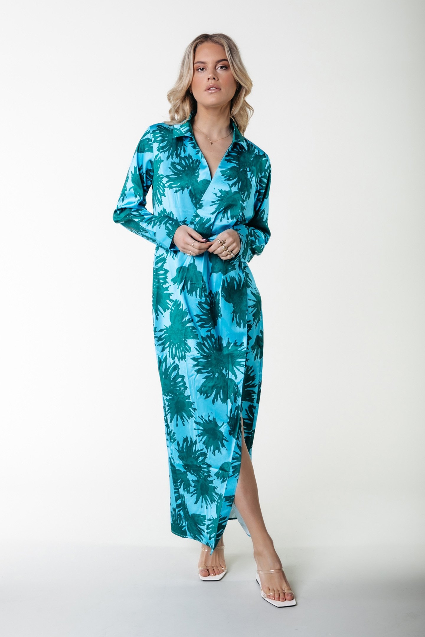 DELILAH FLOWERS SATIN COLLAR MAXI DRESS MIST BLUE 1