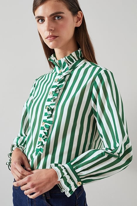 CAMILLE FRILL BLOUS GREEN/WHITE 1