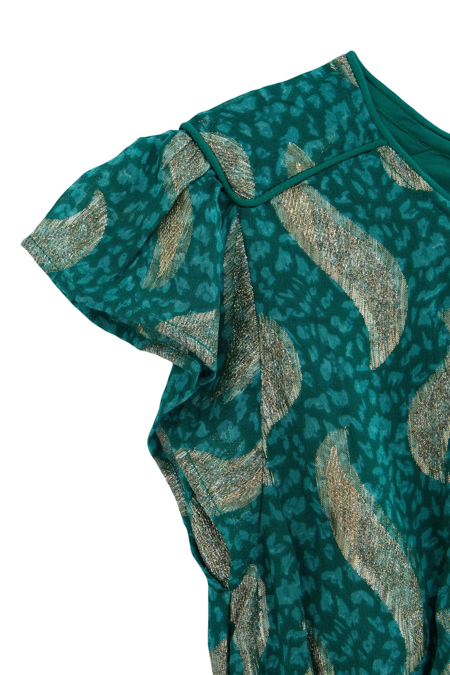 GIRLS' GREEN SHORT DRESS WITH GOLD LEAF PRINT 6