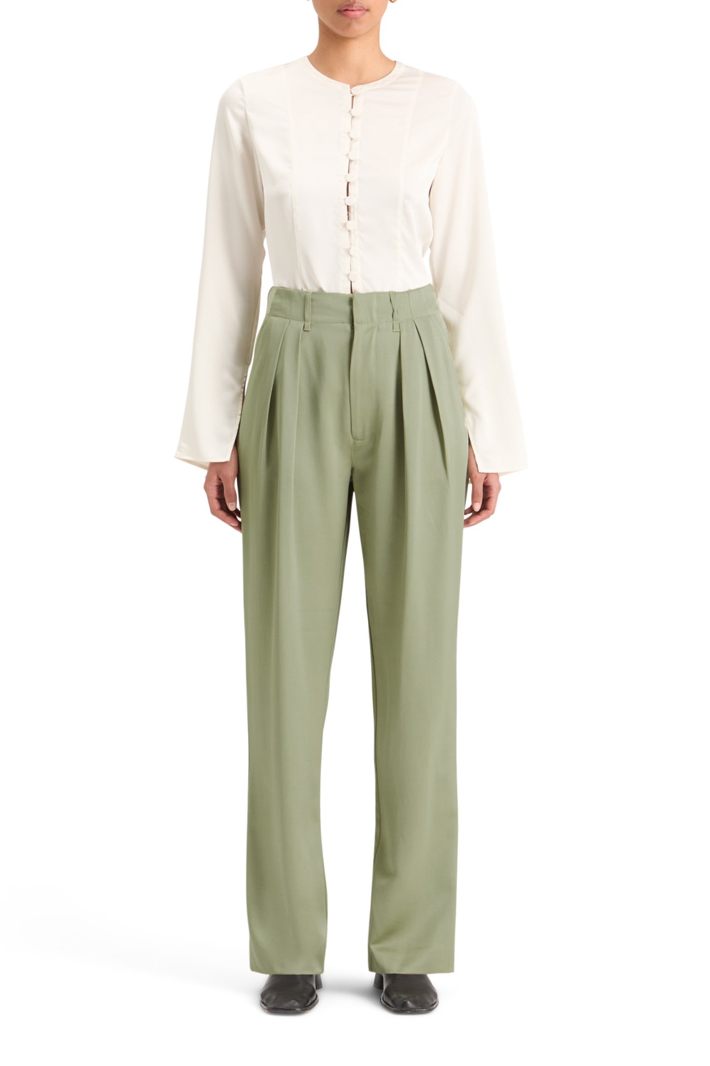 FAYE SATIN HIGH RISE RELAXED TAPERED LEG WASHED SAGE 3