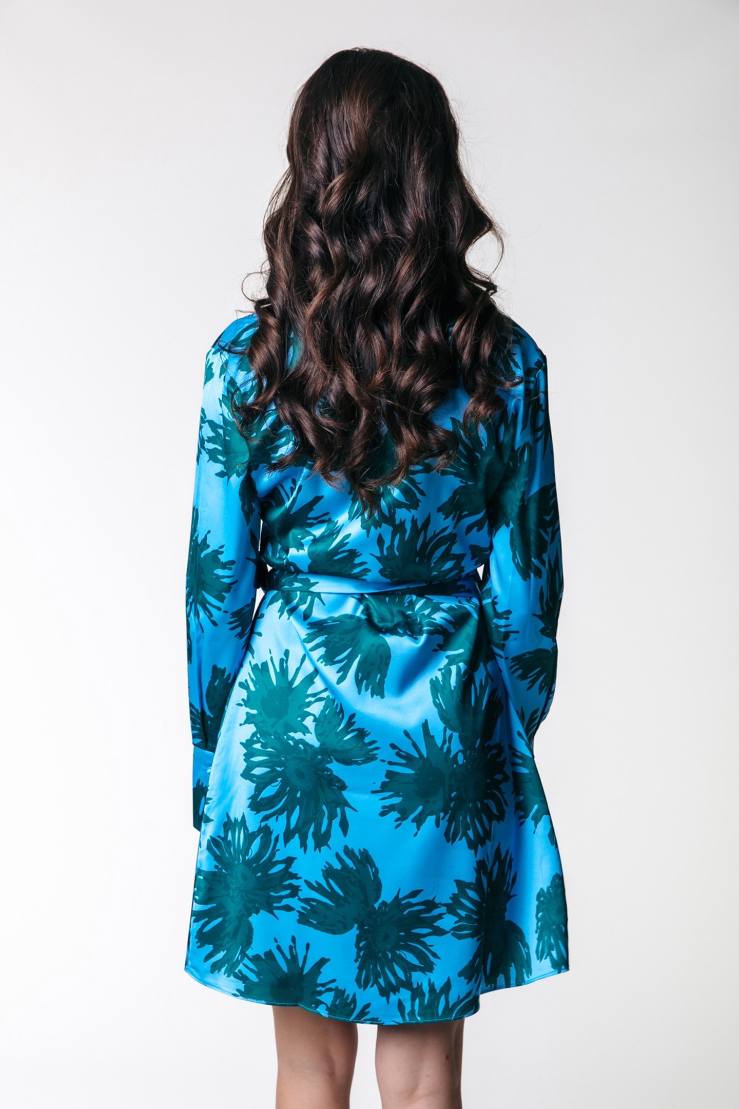 DORIN FLOWERS SATIN WRAP DRESS MIST BLUE 2