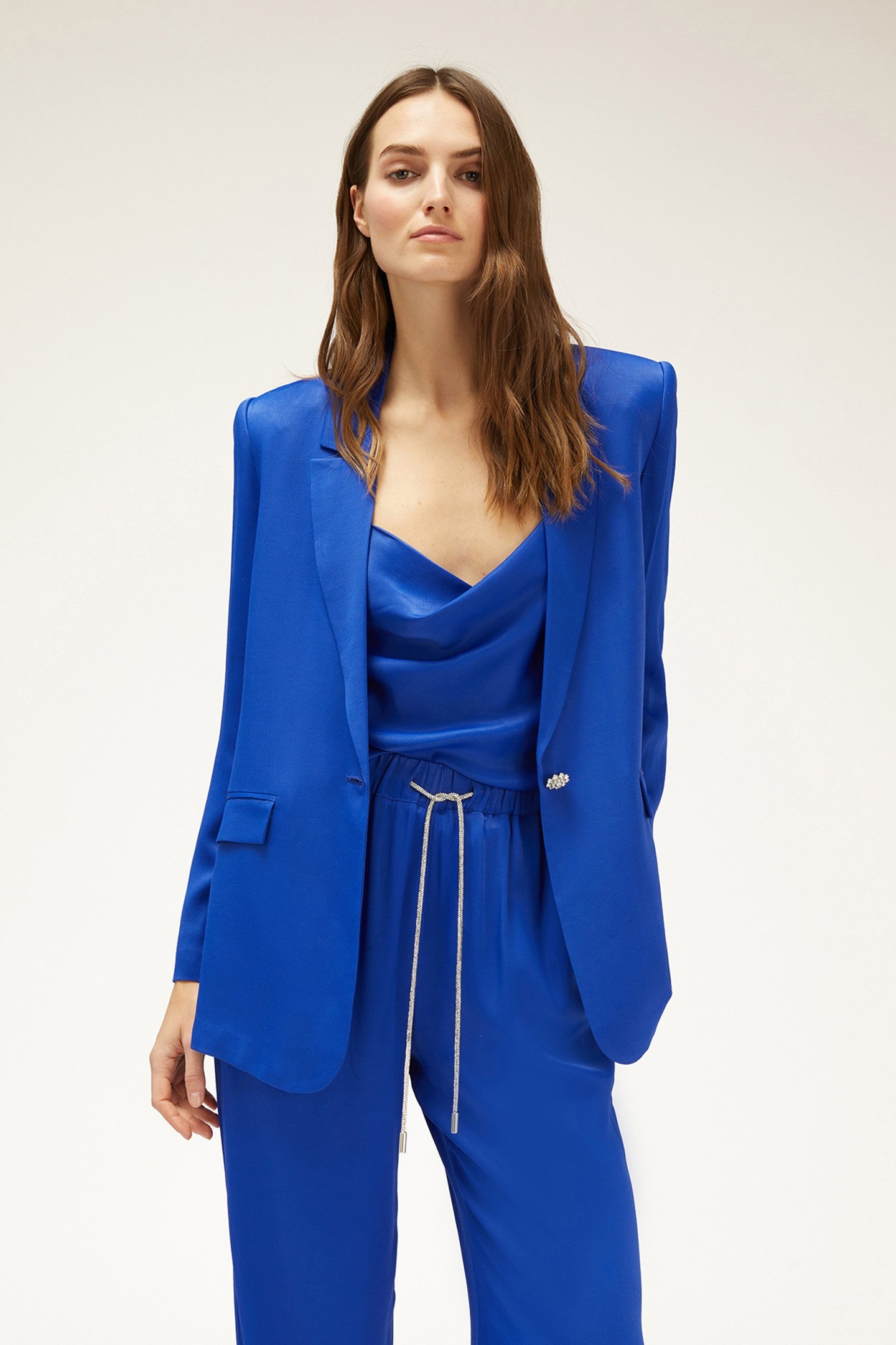 OVERSIZED SATIN BLAZER WITH JEWEL BUTTON BLUE 1