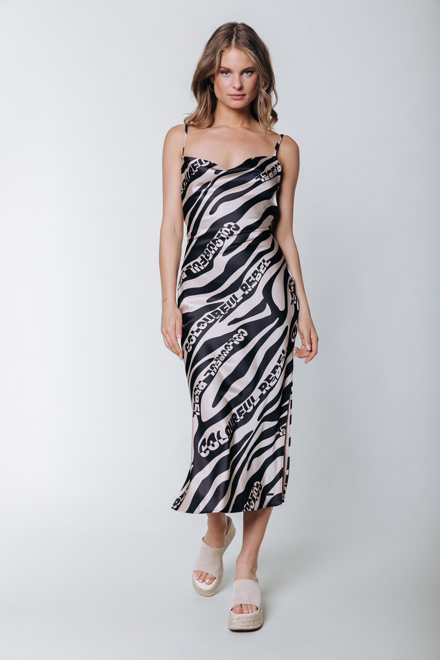 CAMI ZEBRA MIDI SLIP DRESS SAND 1