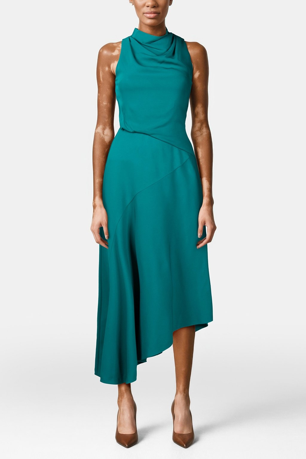 HIGH NECK DRAPED MIDI DRESS GREEN 1