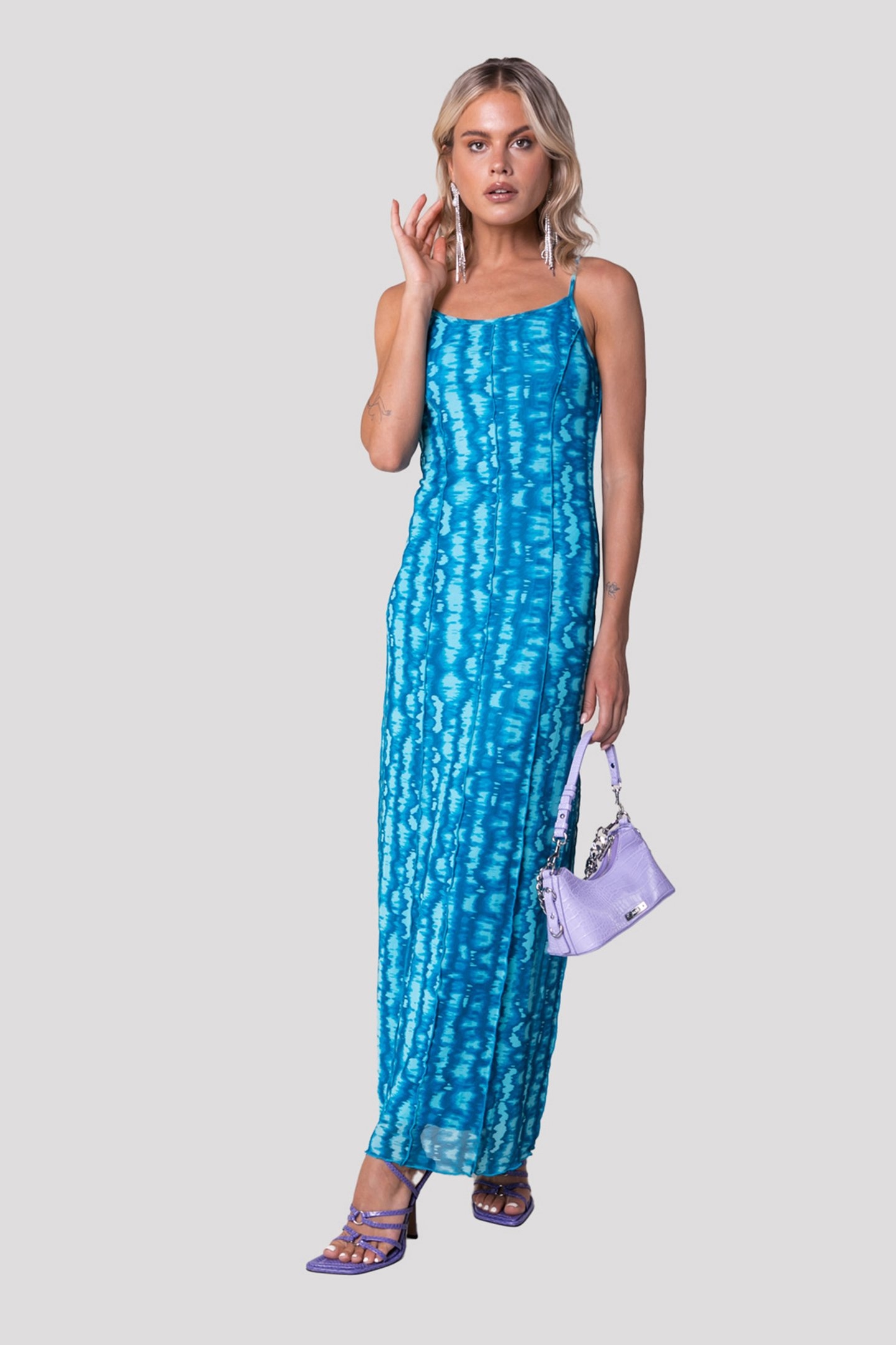 CAIA TIE DYE MESH MAXI DRESS SL LIGHT TURQUOISE 1