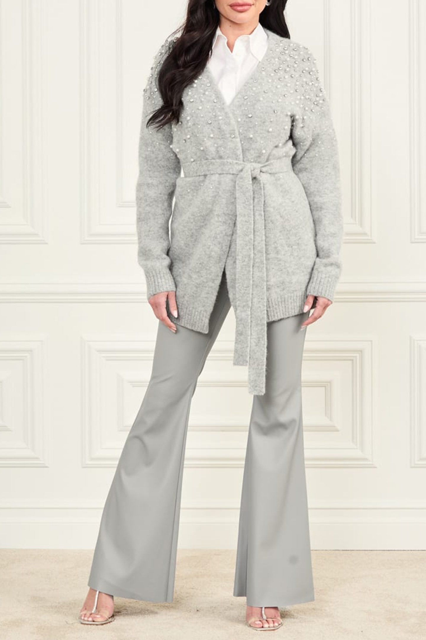 SIBILLA BELTED CARDI LIGHT STONE HEATHER 3